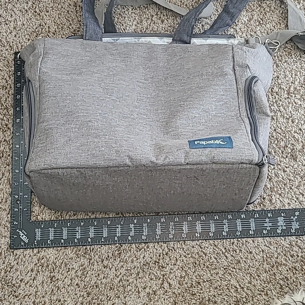 Multi Access Grey Baby Bag With Cheveron Interior